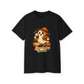 A black short-sleeve crewneck t-shirt featuring a cartoon graphic of a cute ghost wearing an orange witch hat, holding a pumpkin and a drink, with the text 'Snoopy but Sweet' written below in orange and yellow.