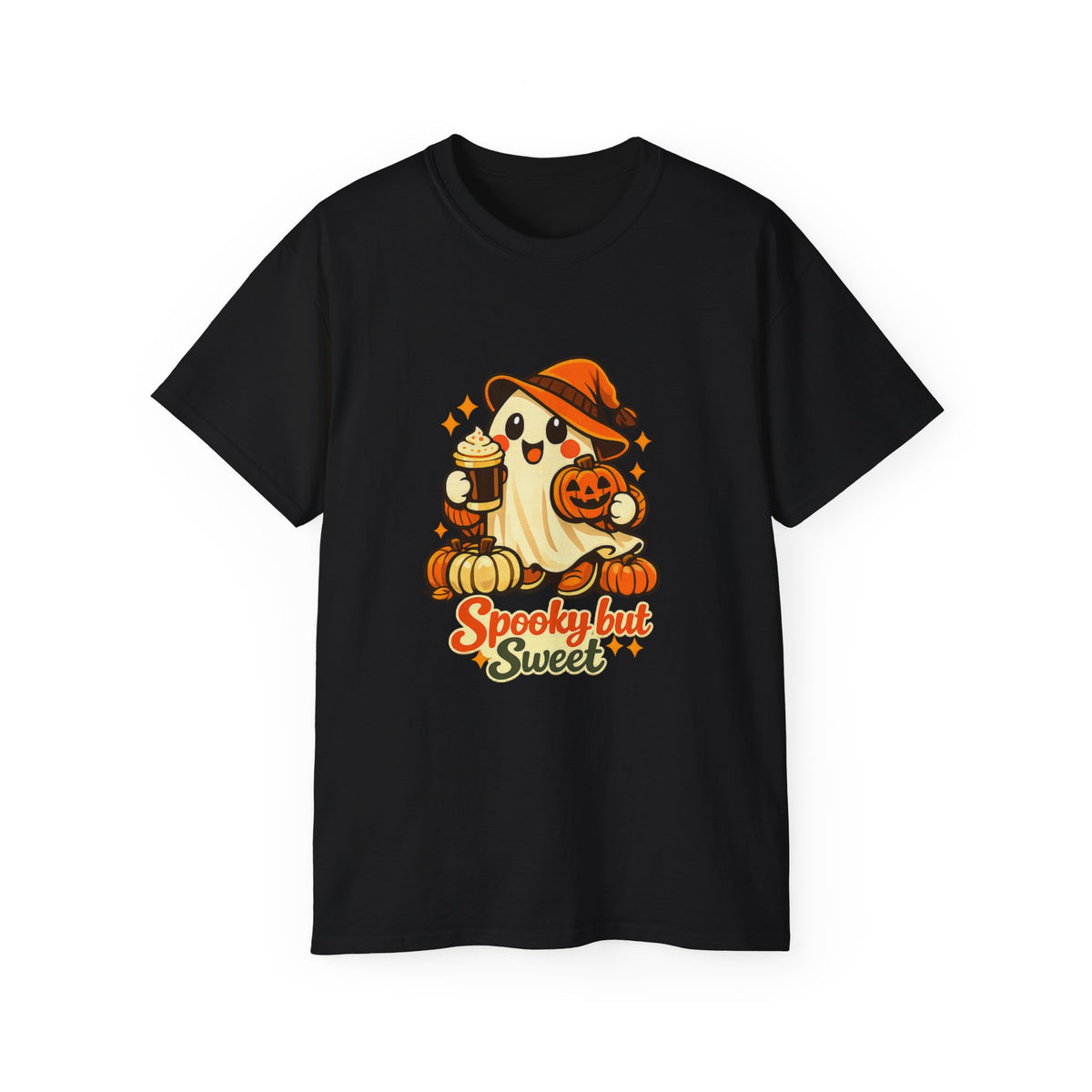 A black short-sleeve crewneck t-shirt featuring a cartoon graphic of a cute ghost wearing an orange witch hat, holding a pumpkin and a drink, with the text 'Snoopy but Sweet' written below in orange and yellow.
