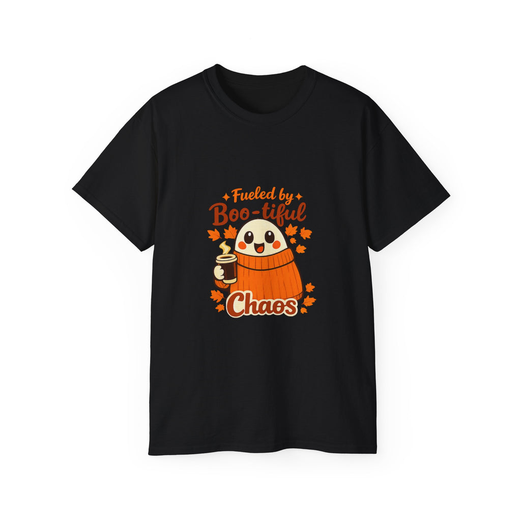 A black short-sleeve crewneck t-shirt featuring a cartoon graphic of a ghost in an orange sweater holding a coffee cup, surrounded by the text 'Fueled by Boo-tiful Chaos' and orange leaves, shown on a plain white background.