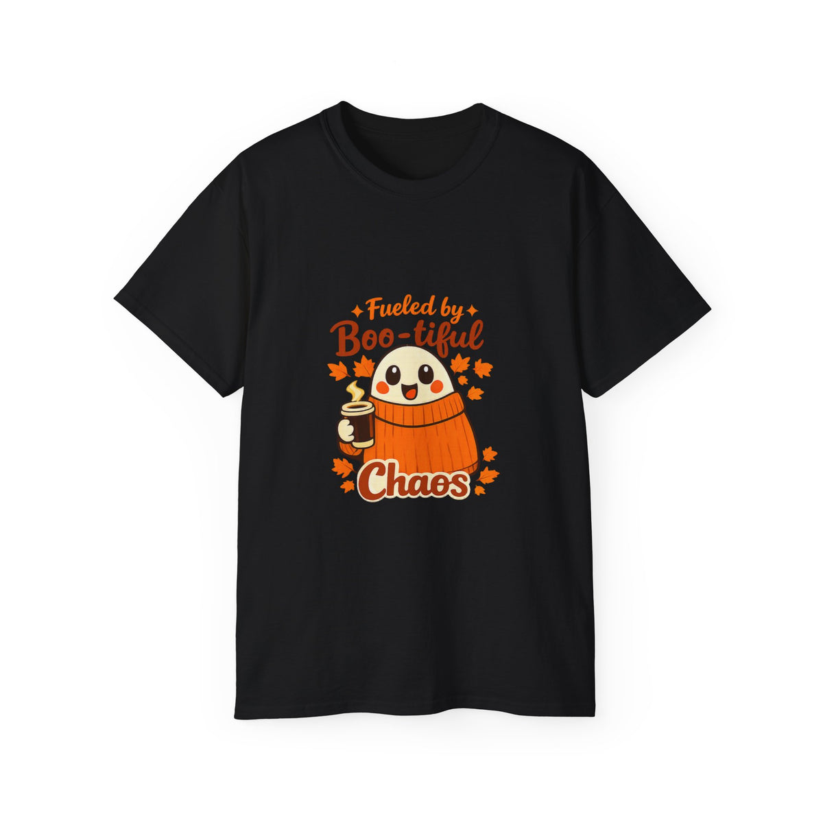 A black short-sleeve crewneck t-shirt featuring a cartoon graphic of a ghost in an orange sweater holding a coffee cup, surrounded by the text 'Fueled by Boo-tiful Chaos' and orange leaves, shown on a plain white background.