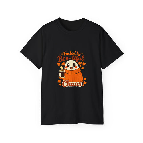 A black short-sleeve crewneck t-shirt featuring a cartoon graphic of a ghost in an orange sweater holding a coffee cup, surrounded by the text 'Fueled by Boo-tiful Chaos' and orange leaves, shown on a plain white background.