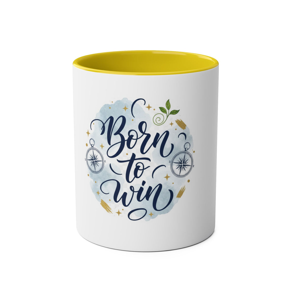 A white ceramic mug with a bright yellow interior, featuring a graphic design on the front that reads 'Born to Win' in dark blue script over a light blue watercolor splash, decorated with compasses, stars, and gold accents.