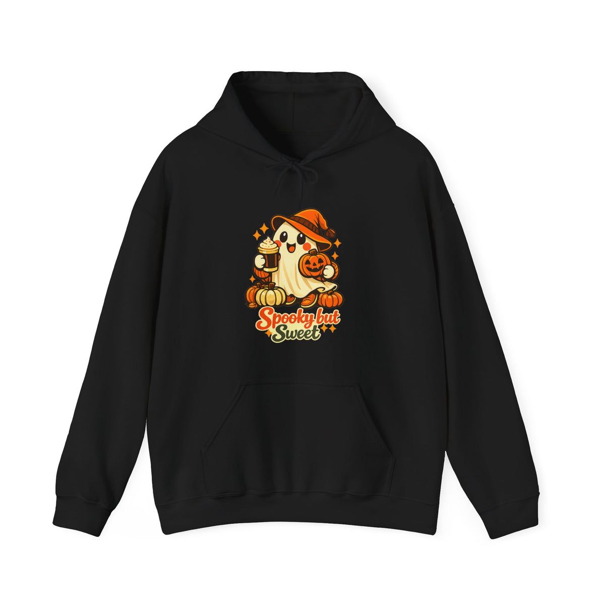 A black pullover hoodie with a front kangaroo pocket and a graphic of a cute cartoon ghost wearing an orange witch hat, sitting on pumpkins with the text 'Spooky but Sweet' below it, shown against a plain white background.