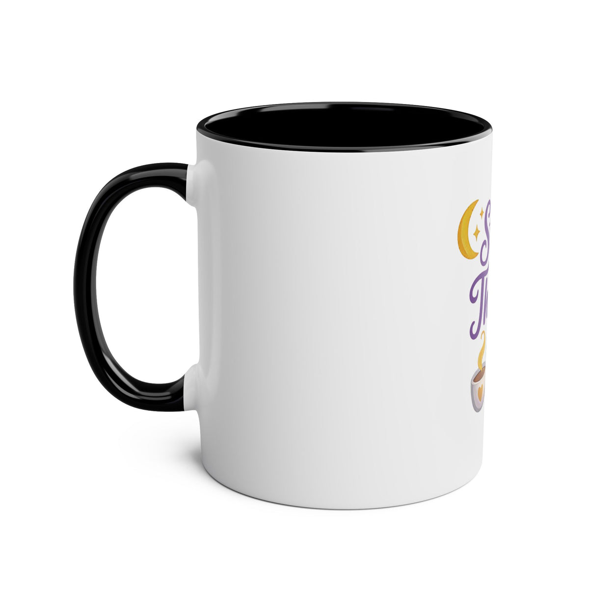 A white ceramic mug with a black handle and black interior, featuring a partial graphic design on the side with yellow and purple lettering and a crescent moon.