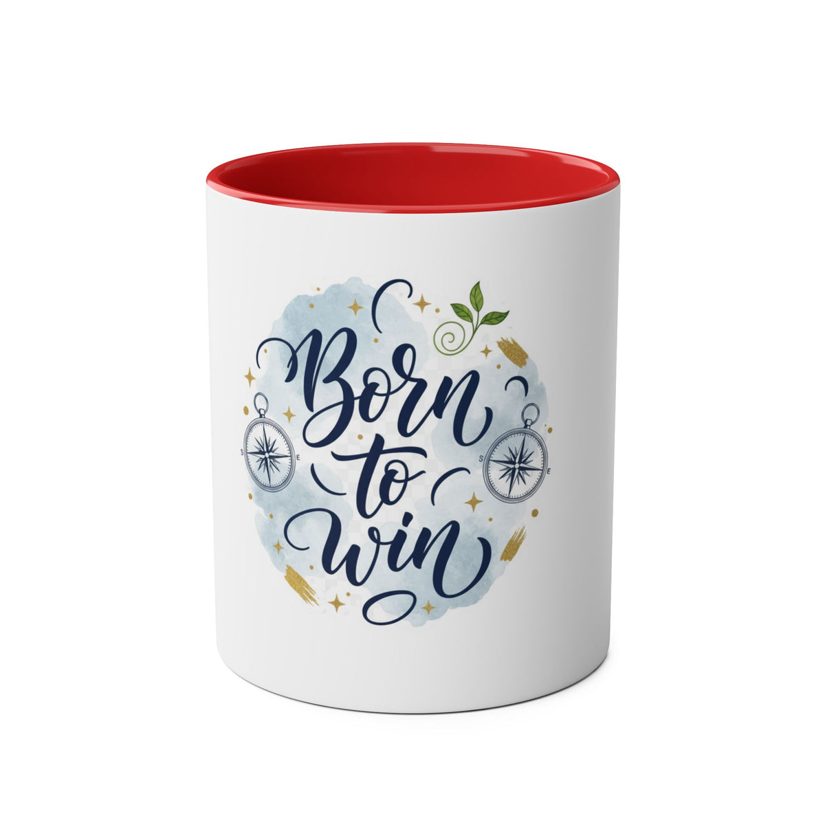 A white ceramic mug with a red interior, featuring a graphic design on the front that reads 'Born to Win' in dark blue script over a light blue watercolor splash, decorated with gold stars, compasses, and a small green leaf.