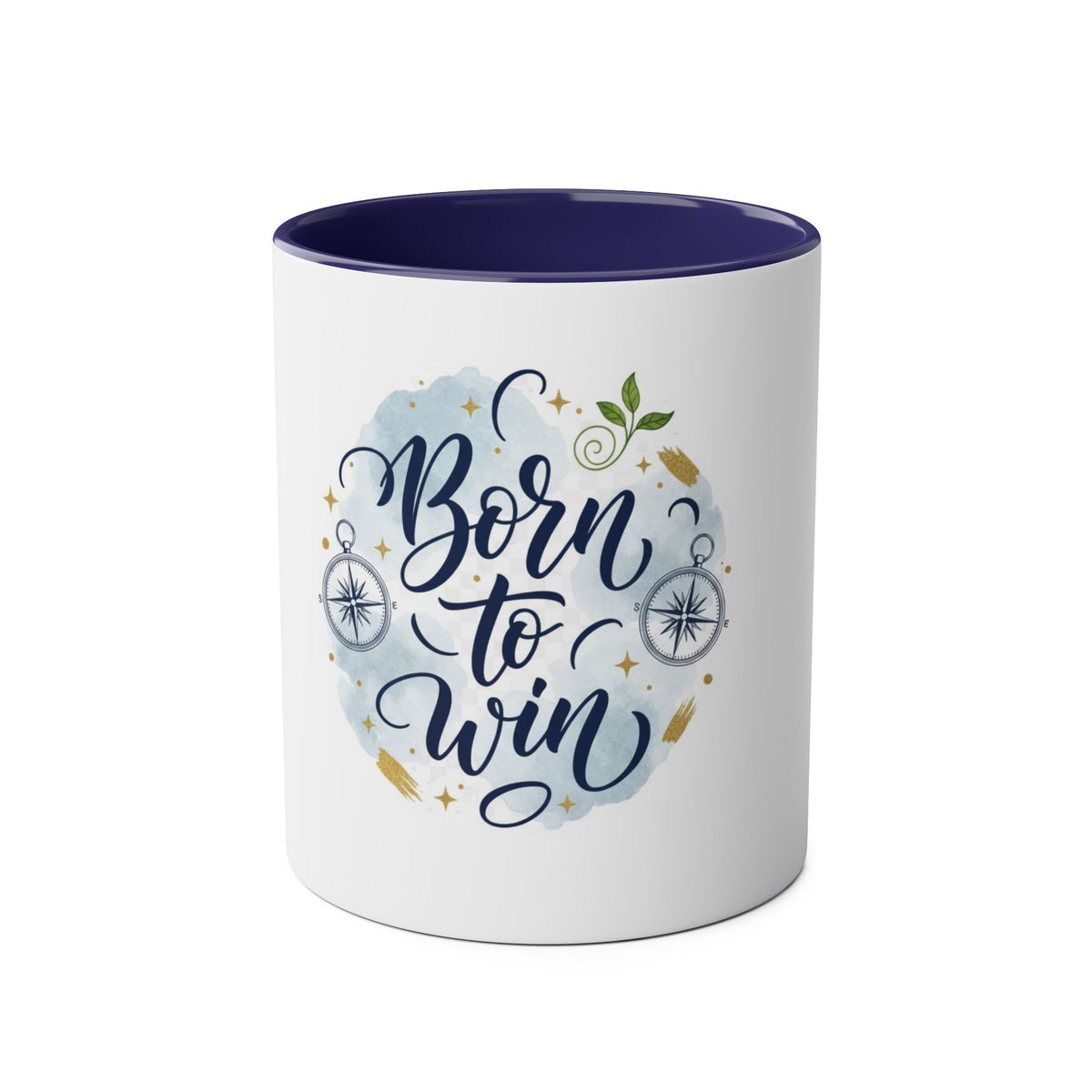 A white ceramic mug with a dark purple interior and rim, featuring a graphic design on the front that reads 'Born to Win' in dark blue script over a light blue watercolor splash, decorated with gold stars, compasses, and a small green leaf.