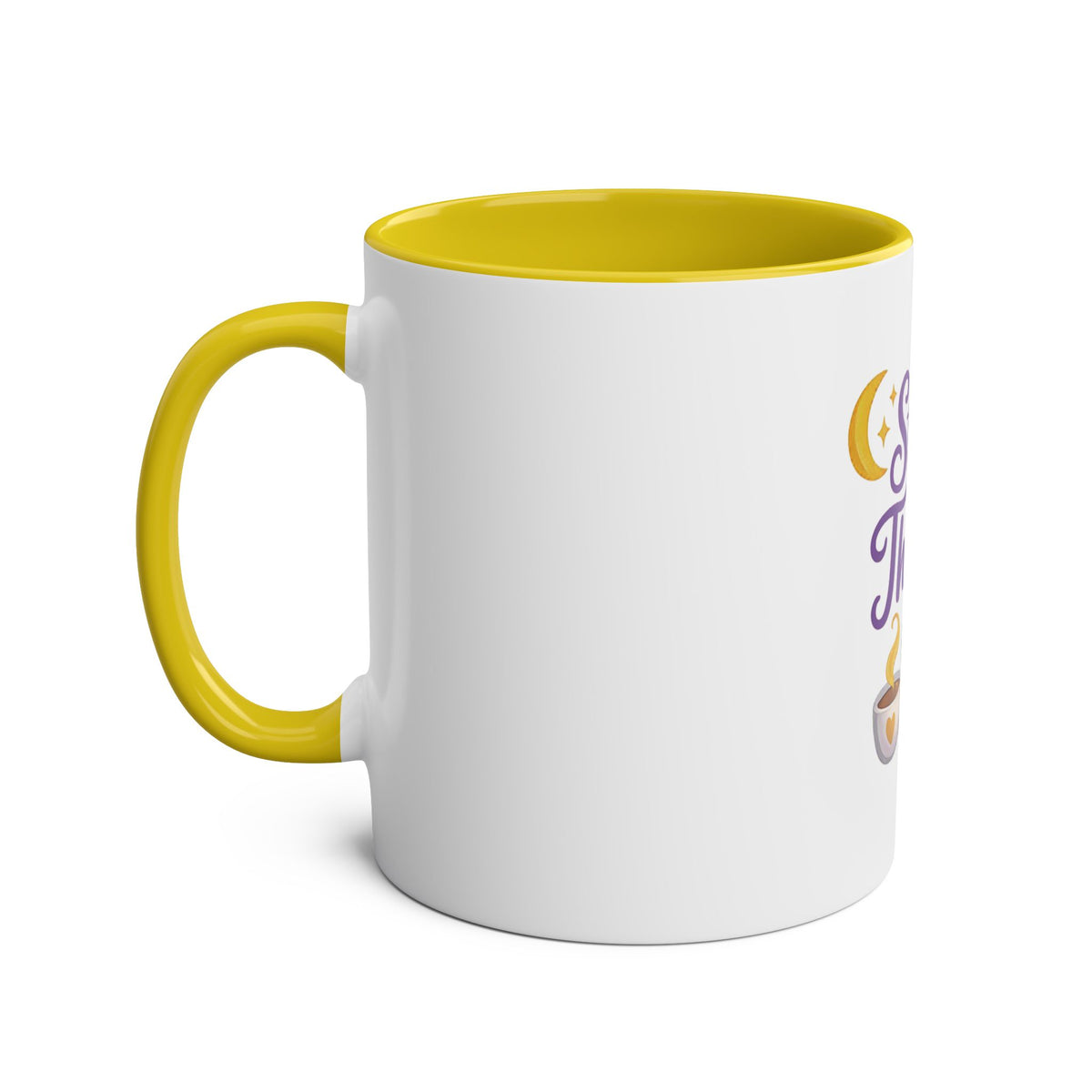 A white ceramic mug with a bright yellow handle and interior, featuring a partial graphic design on the side in yellow and purple.