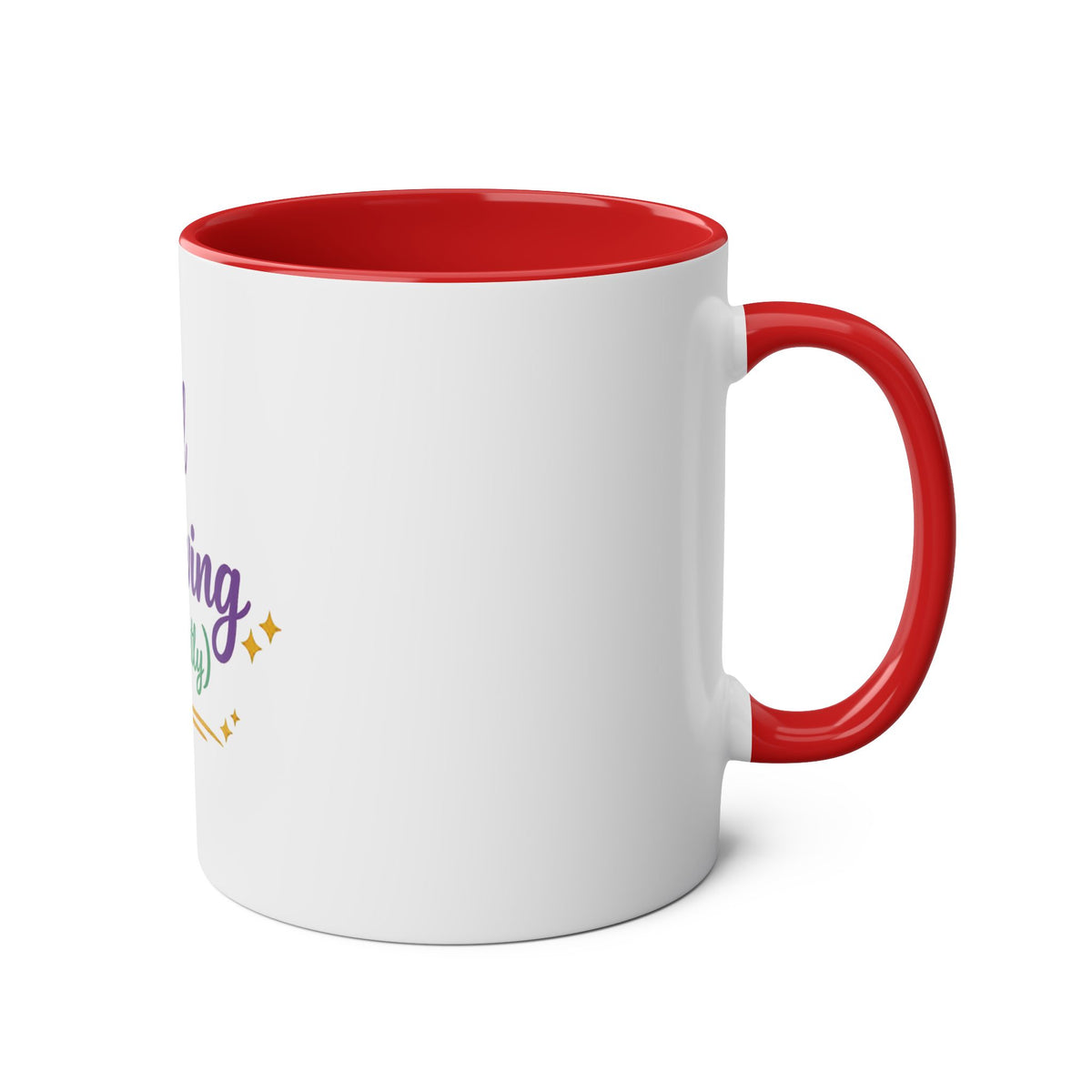 A white ceramic mug with a red interior, red handle, and a colorful graphic on the side that reads 'I'm always learning' with small stars and decorative elements.