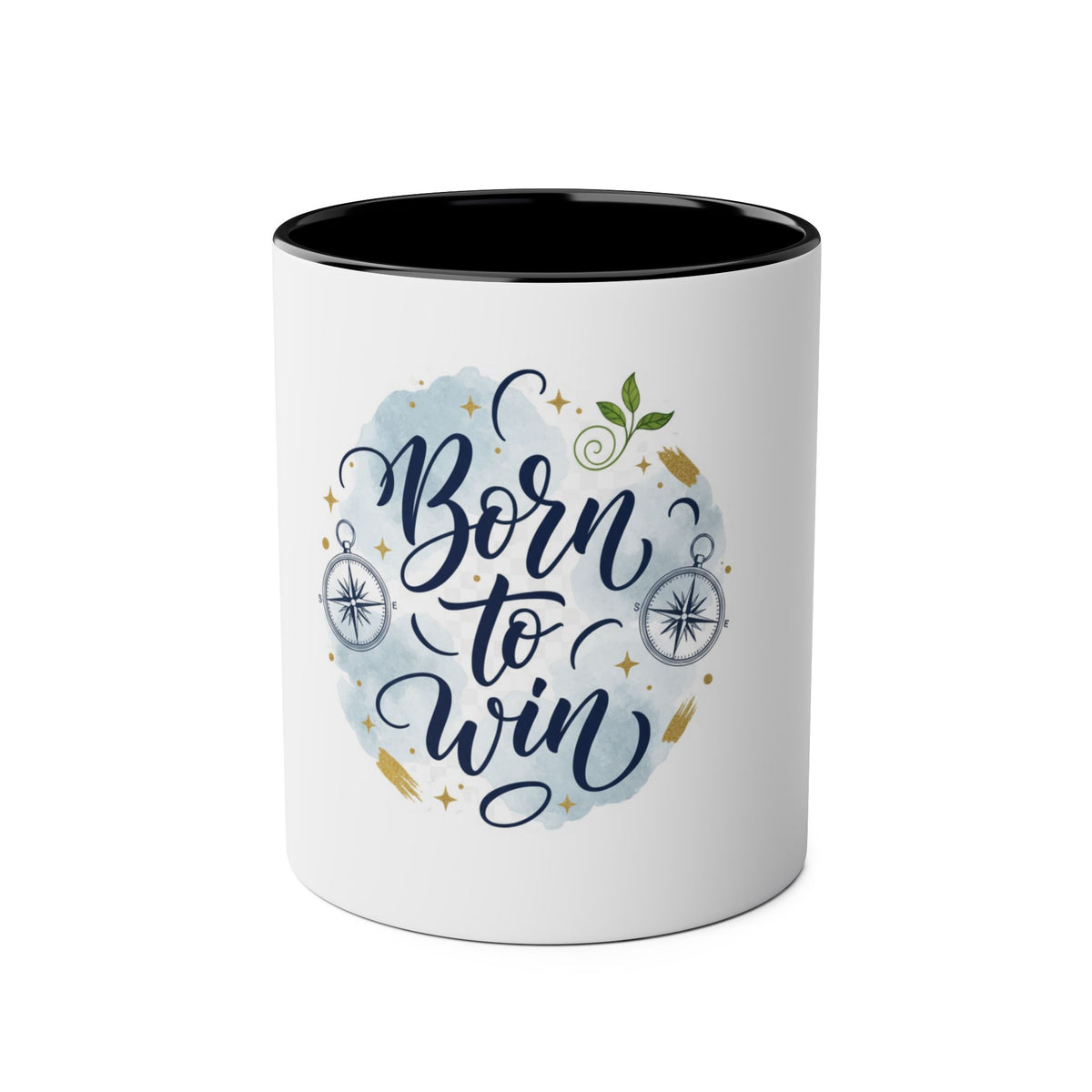 A white ceramic mug with a black interior, featuring a graphic design on the front that reads 'Born to Win' in dark blue script over a light blue watercolor splash, decorated with gold stars, compasses, and a small green leaf.