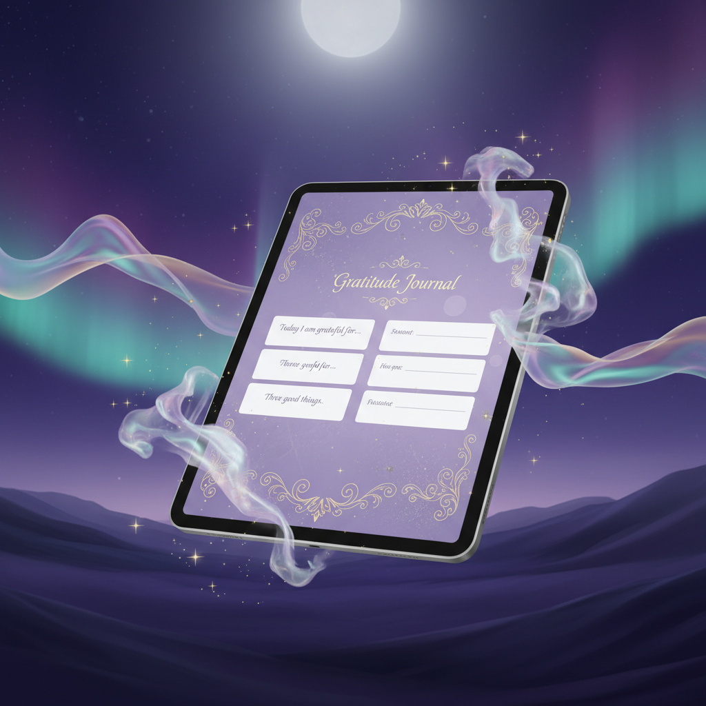iPad floating in twilight aurora scene showing Grateful digital gratitude journal in lavender and gold