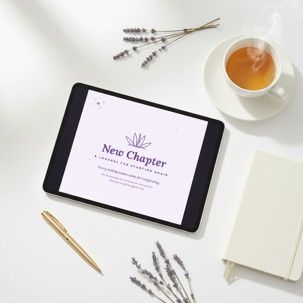 New Chapter journal lifestyle flat lay with tea and lavender