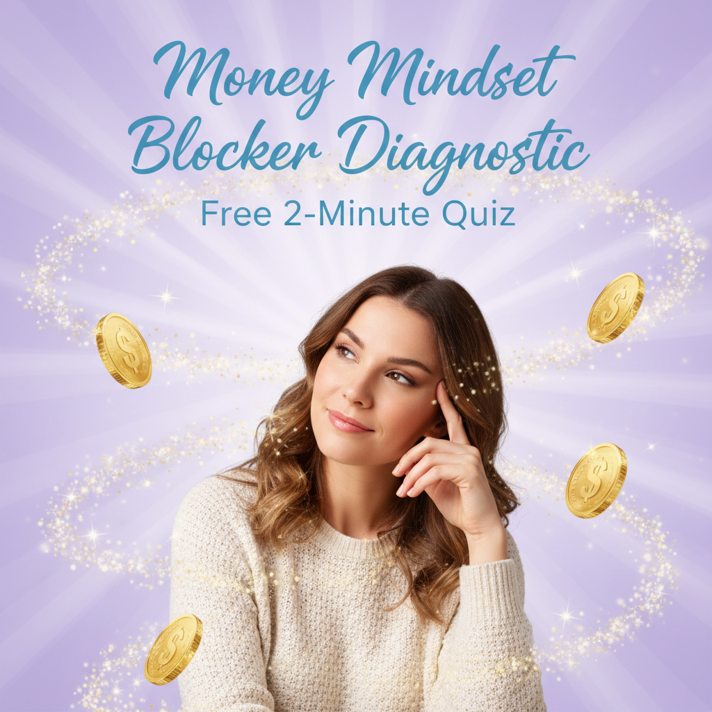 Woman thoughtfully holding her head with gold coins floating around her on a lilac background — Money Mindset Blocker Diagnostic Free Quiz