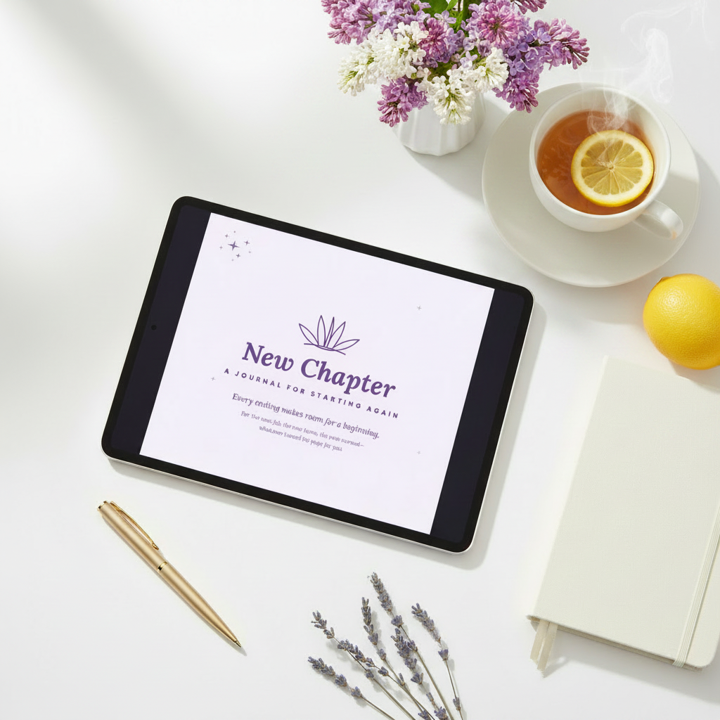 New Chapter journal bright lifestyle flat lay with fresh flowers and tea
