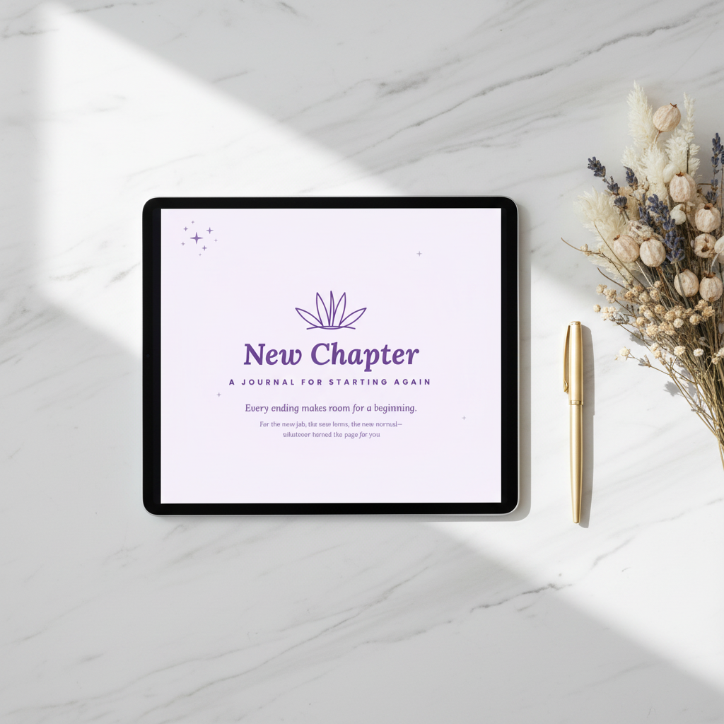 New Chapter journal on iPad flat lay, marble desk