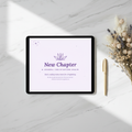 New Chapter journal on iPad flat lay, marble desk