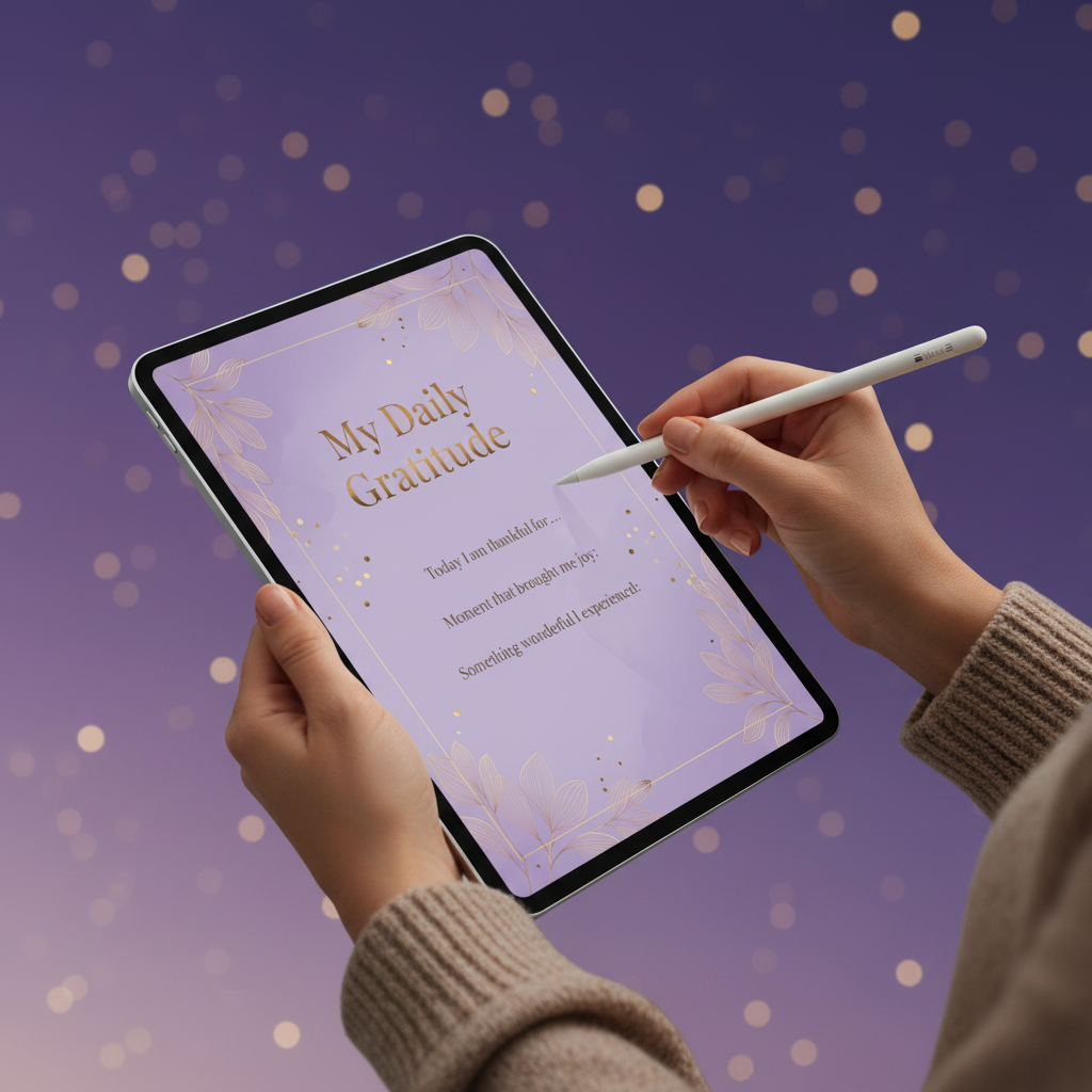 Person using Apple Pencil on iPad showing Grateful digital gratitude journal in lavender and gold