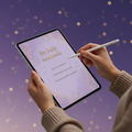 Person using Apple Pencil on iPad showing Grateful digital gratitude journal in lavender and gold